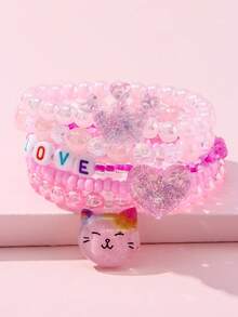 5pcs Children's Heart Butterfly Flower Charm Bracelet Set, Heart Beaded Jewelry Bracelet Set, Suitable For Holiday Party Birthday Gift, Girls Accessories, Random Color - Multicolor - View 3