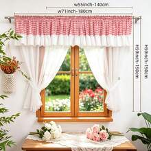 1 Set Tirai Tipis Berumbai Motif Kotak-kotak Merah & Putih Vintage, Tirai Tipis Dua Lapis Transparan dengan Kantong Batang Atas, Tirai untuk Ruang Makan, Kamar Mandi, Pembatas Lemari, Jendela Kecil, Dekorasi Lembut untuk Renovasi Apartemen Sewa - 1 set - View 3