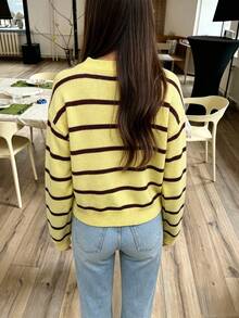 Women's Striped Knit Pullover Sweater Long Sleeve Casual Yellow Top Autumn/Winter - Yellow - View 7