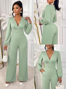 AIJ Women Fall Green French Style V‑Neck Long Puff Sleeve Wide Leg Jumpsuit High Waist Pockets Elegant Formal Office Party Evening Fall Fashion Outfit - Bean Green - View 2