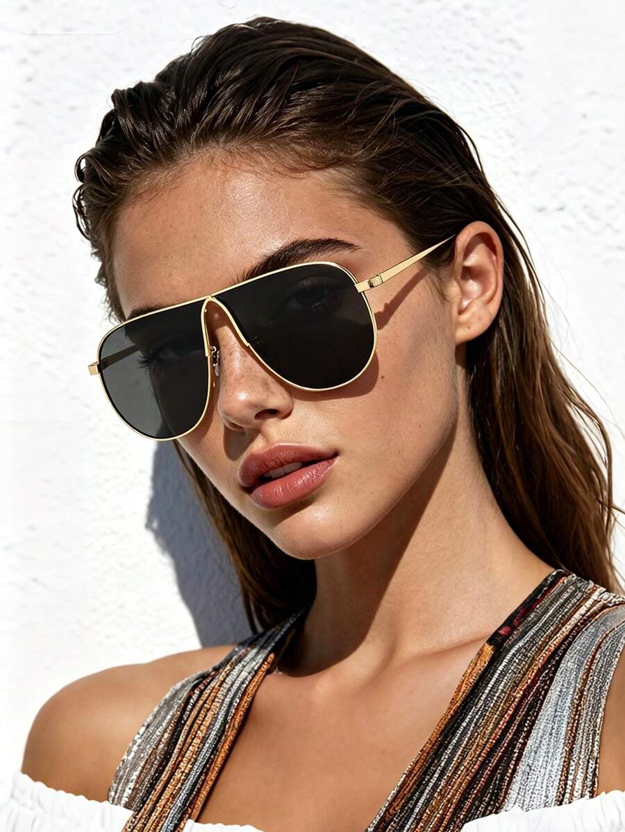1pc New Large Frame Metal High-Quality Aviator Frame Fashion Glasses Premium European And American Style Women's Eyewear - Gold Frame Black and Gray Film - View 1