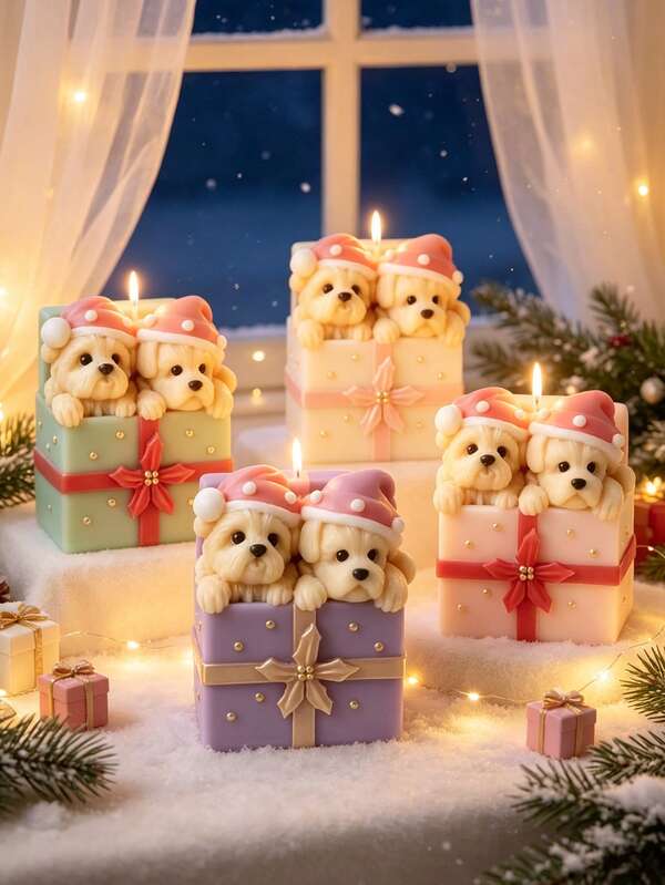 1pc Christmas Gift Box Puppy Silicone Candle Mold, Cute Dog Wearing Christmas Hat In Bow Gift Bag, Reusable Easy Release Casting Mold, Suitable For Scented Candles, Handmade Soap, Plaster, Resin, Cement, Desktop Home Decor, Christmas, Wedding, Birthday, Valentine's Day, Easter, Halloween, Thanksgiving DIY Perfect Gift