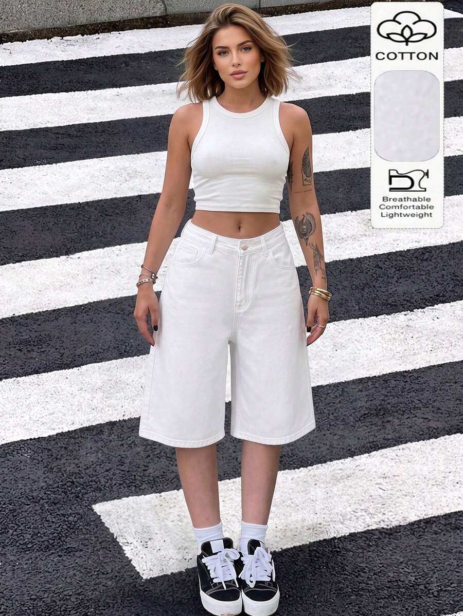 新品歐美休閒街頭風極簡日常通勤女款白色夏季牛仔短褲 - 白色 - 查看 1