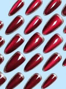 30PCS Handmade Burgundy Cat Eye Rhinestone Edge Press On Almond Nails, Luxury Evening Party Salon Nail Kit With Jelly Tabs - Red - View 3