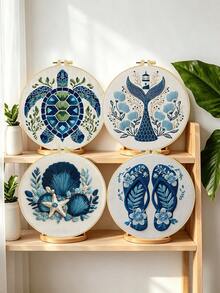 1pc 20*20cm/7.9*7.9in Ocean Theme Turtle & Shell Embroidery Kit, DIY Hand Embroidery Set For Adult Beginners, Home Decor Gift, Women's Sewing Gift, Includes User Manual, Printed Fabric, Embroidery Hoop, Needles & Thread - Sea Turtles - View 4