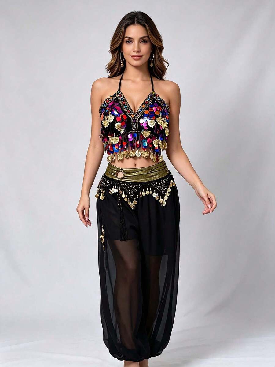 V Neck Multicolor Sequin Coin Halter Dance Crop Top Coin Tassel Waist Belt Chiffon Loose Cuffed Harem Pants Exotic Stage Performance Dance Outfit - Multicolor - View 1