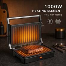 1000W Panini Press & Sandwich Maker - 304 Stainless Steel, Non-Stick Griddle Plates, Versatile Folding Health Grill For Meat, Kebabs, Fish With Automatic Temperature Control (Silver), By Yabano - Black - View 3