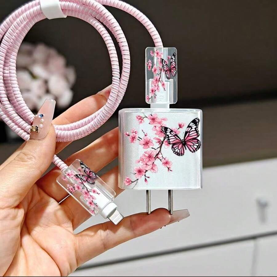粉色 TPU 小心心印花/蝴蝶結/花朵圖案/紫色心形貓咪充電線保護套，適用於 Apple 18/20W 充電器，送給朋友的完美禮物