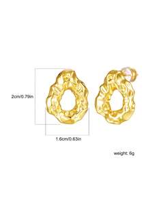 1pc European And American Niche Style Asymmetrical Textured Hollow Stud Earrings, Copper Plated Gold Liquid Wrinkle Asymmetric Round Hoop Earrings, Premium Versatile Commuter Artistic Elegant Ear Jewelry - Gold - View 3