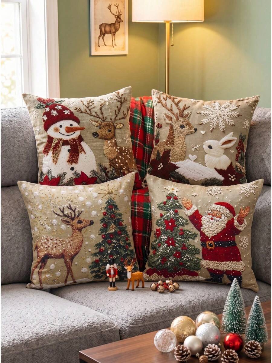 4 Peças Capas de Almofada de Bottom Cáqui de Natal, Capas de Almofada Feliz Natal com Padrões de Papai Noel & Boneco de Neve & Rena & Floco de Neve & Poinsettia, Capas de Almofada 45*45cm, Capas de Almofada de Feriado, Decorações de Natal, Decoração de Festa de Natal, Decoração de Natal, Decoração de Natal, Decoração de Casa de Inverno, Suprimentos de Cadeira de Escritório, Decoração de Quarto, Capas de Almofada com Zíper para Quarto e Sala de Estar, Capas de Almofada de Decoração de Festa de Feriado (Enchimento de Almofada Não Incluído)