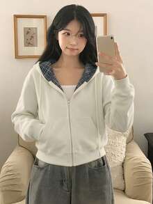 Long Sleeve Pocket Plaid Patchwork Hooded Jacket - Off White - View 1