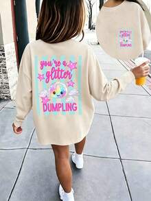 Tween Girls Cute Sparkle Rainbow Dumpling Cloud Graphic Long Sleeve Tee, Soft Crew Neck Top For Holiday & Everyday Wear - Apricot - View 2