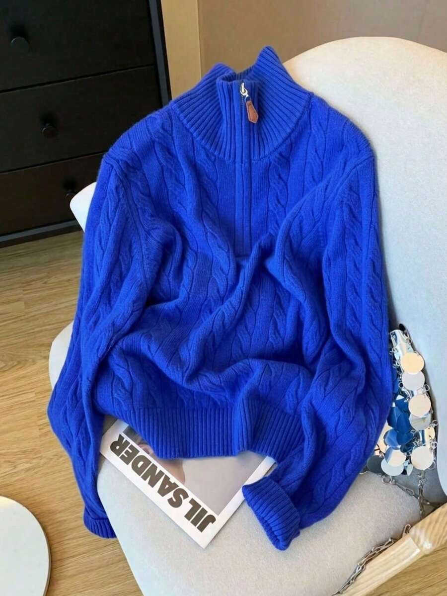Women's Autumn/Winter Casual Versatile Commute Preppy Youthful Solid Color Half-Zip Loose Collar Knit Cardigan Sweater - Blue - View 1