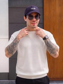 Lookun Men's Short Sleeve Knit Top, Round Neck, Solid Color, Minimalist Business Casual, Ribbed Hem, Daily Wear, Spring/Summer - White - View 3