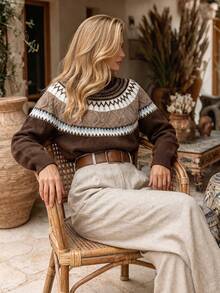 NiceArt Women's Round Neck Fair Isle Pattern Knit Sweater, Long Sleeve Colorblock Cable Knit Casual Pullover - Brown - View 5