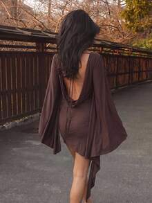 Women's Solid Color Pleated Batwing Sleeve Long Sleeve Side Tie Pleated Romper, Formal Cocktail Mini Dress - Brown - View 2