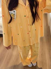 Gongdie 2 Pieces Snoopy Women Pajama Set,Fall Yellow Striped Soft Cotton Loungewear With Colorful Polka Dots And Pocket - Yellow - View 2