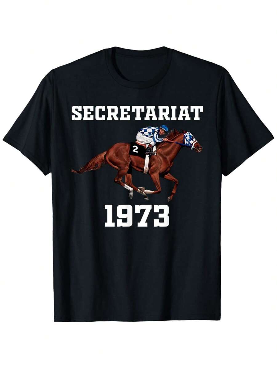 Camiseta Gráfica Vintage Triple Crown de Men'S Secretariat - Diseño de Carreras de Caballos de 1973 con el Número 2 y un Jinete, Camiseta Casual de Corte Regular 100% para Fanáticos de las C - Negro - Ver 1