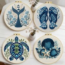 1pc 20*20cm/7.9*7.9in Ocean Theme Turtle & Shell Embroidery Kit, DIY Hand Embroidery Set For Adult Beginners, Home Decor Gift, Women's Sewing Gift, Includes User Manual, Printed Fabric, Embroidery Hoop, Needles & Thread - Sea Turtles - View 13