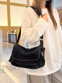 Blue Washed Denim Shoulder Bag For Women, Casual And Versatile, All-Match Travel Bag, Minimalist Metal Decor, Lightweight Crescent Bag For All Seasons - Black - View 9