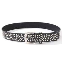 Men's Punk Style Black Belt With Silver Square Studs, Retro Rock Streetwear Belt For Jeans And Casual Outfits - Square Stud Belt - View 2