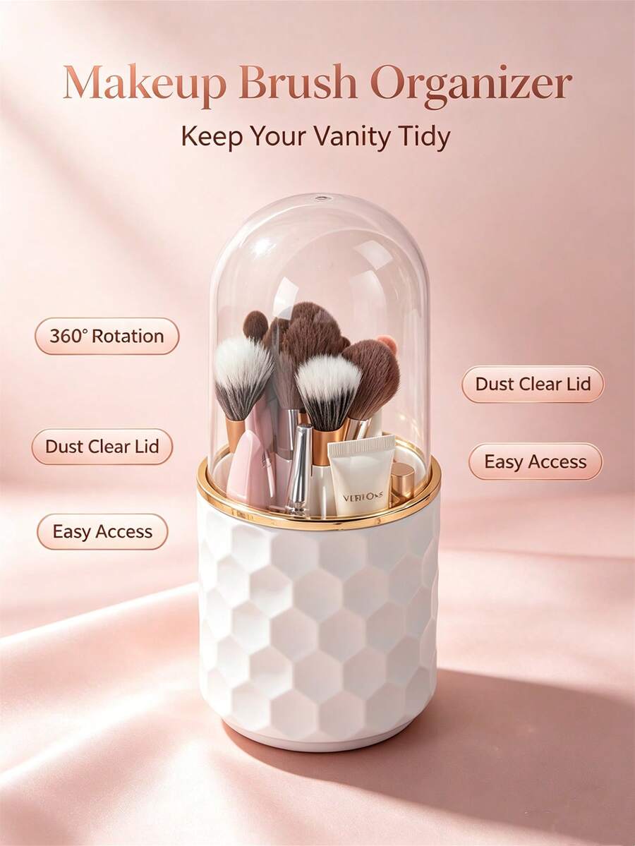 Multi‑Grid Rotatable Makeup Brush Holder, Clear Dome Dust Cover Cosmetics Storage Bucket, Bathroom Dresser Desktop Makeup Organizer - View 1
