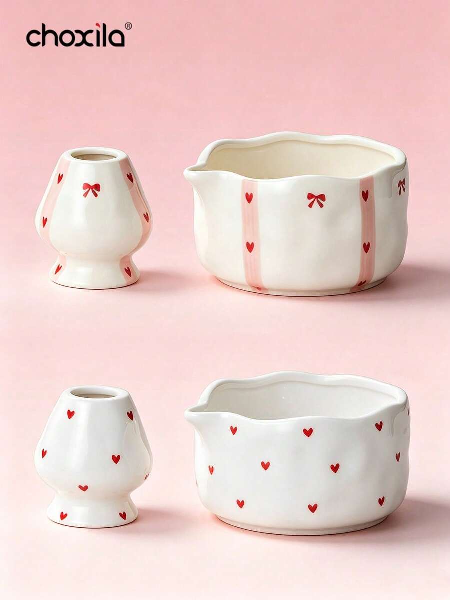 choxila 1 Set/2pcs Korean Ins Style Cute Ceramic Matcha Bowl And Tea Whisk Holder Set, Handmade Shaped With Hand-Painted Asymmetrical Design, Handmade Tilted Bowl - Pink Matcha Bowl Two-piece Set - View 1