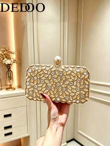Dedoo Women's Gold Rhinestone Evening Clutch,Hard Shell Rectangular Handbag, Pearl Clasp,Shiny Leaf Pattern,Suitable For Weddings,Balls And Formal Occasions - Gold - View 11