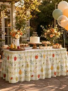 1pc Minimalist Green Plaid Autumn Party Tablecloth With Harvest Fruit Pattern, Suitable For Birthday Party And Autumn Party Events, Holiday Decoration Tablecloth - Multicolor - View 7