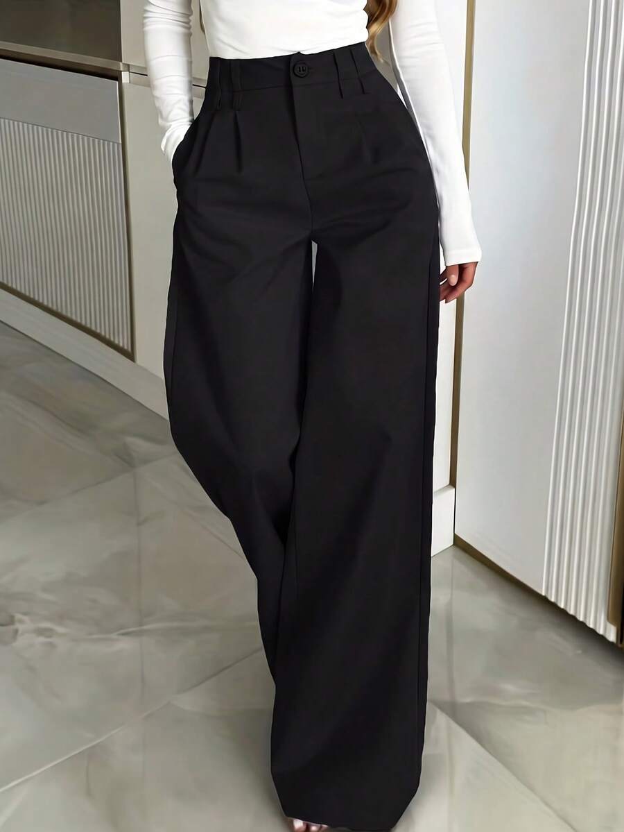 Celana Panjang Wanita Elegan Model Lurus, dengan Detail Kancing dan Resleting, Celana Panjang Modis Tanpa Elastis
