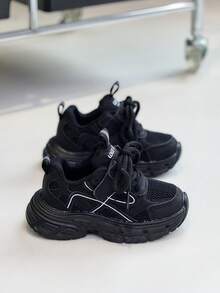 1 Pair Kids Mesh Breathable Chunky Sneakers Black & White Dual Color Hook & Loop Fashion Outdoor Non-Slip Sports Shoes - Black - View 5