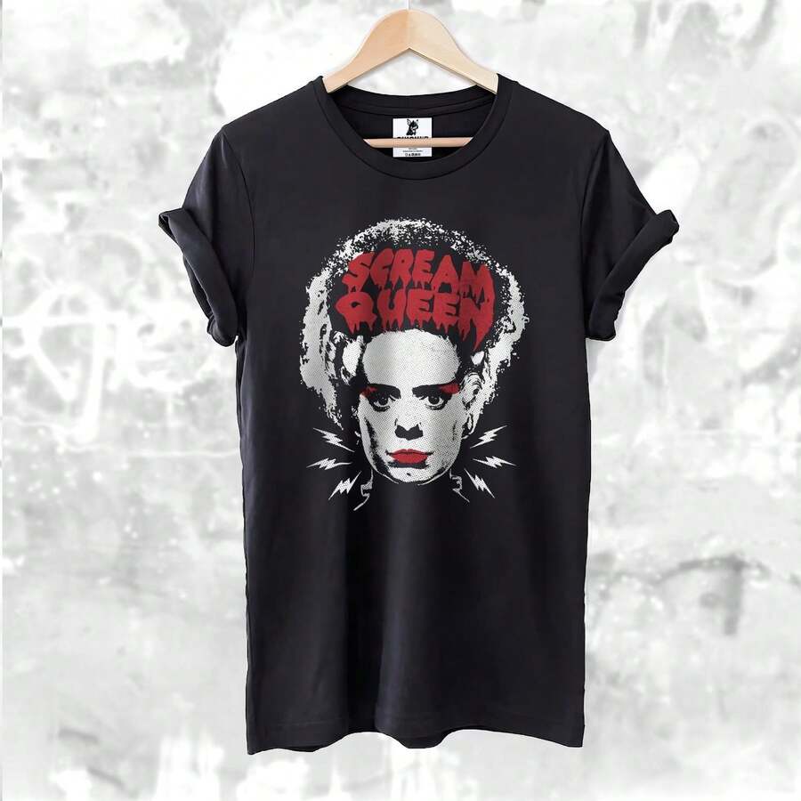 [Festival Outfits Women][Universal]Bride Of FFrankenstein Unisex Black Graphic Tee Vintage Classic Horror Movie Scream Queen - Black - View 1