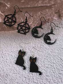 6pcs Vintage Gothic Dark Style Bat, Black Cat, Moon, Star, Skull Cat, Cross, Skull, Coffin Board Black Earrings Hoop Earrings Women Earrings Set (Card Not Included) - Multicolor - View 5