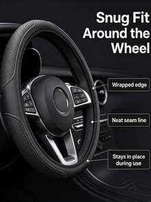 One New Leather Steering Wheel Cover Featuring A 3D Embossed Grid Pattern, Offering Comfort And Softness; Designed For Car Interiors Without An Inner Ring, Suitable For 14.5–15-Inch Steering Wheels. An Automotive Interior Accessory. - Multicolor - View 4