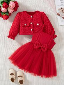 Baby Girls 2pcs/Set Valentine's Day Red Jacquard Button Design Long Sleeve Jacket & Bow Tulle Spaghetti Strap Dress, Sweet Princess Holiday Outfit Set - Red - View 3