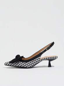 Women's Kitten Heel Shoes, Women's Thin High Heel Bow Closed Toe Sandals Roman Pointed Toe Kitten Heel Shoes Fairy Style Elastic Buckle High Heels, Elegant Women's Shoes, Autumn/Winter New Comfortable Commute Party Shopping Evening Dress Black High Heels, Checkerboard High Heels - Black - View 6