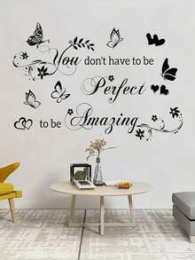1pc Heart Butterfly Art English Wall Decal, Removable Vinyl Sticker, Suitable For Living Room Bedroom Entryway Bathroom Wall Decoration, Beautify Home Decor - A - View 2