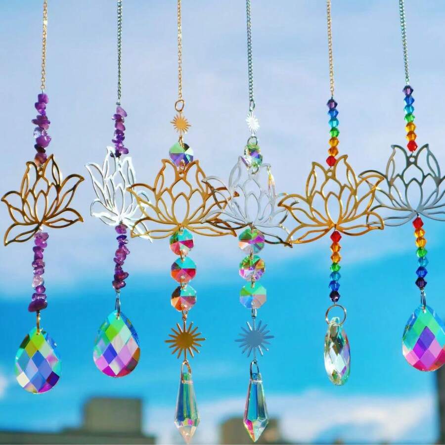6pcs Lotus Sun Catcher Set, Colorful Crushed Crystal Decor, Suitable For Home Window Display, Wedding Decoration And Holiday Theme - Colorful Lotus Pebble Six-piece Set - View 1