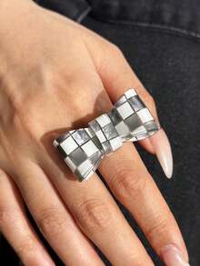 1/2pcs Y2K Black & White Checkerboard Bow Rings, Colorful Striped Print Rings, Daily Personalized Minimalist Women's Finger Rings Gift - Multicolor - View 13
