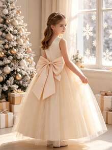 Girls' Long Sleeveless Princess Dress With Big Bow, Suitable For Birthday, Runway, Wedding, Christmas Party, Performance - Champagne - View 1