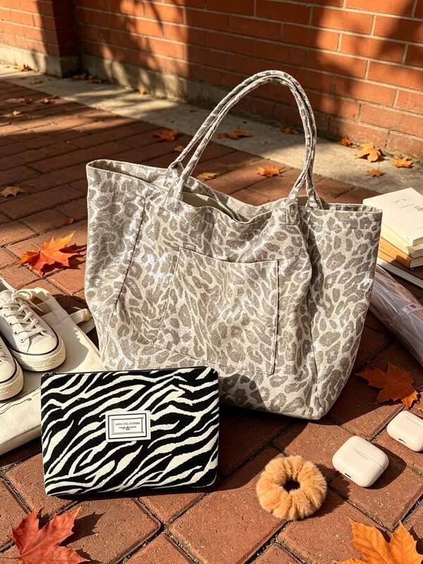Silver-White Autumn/Winter Leopard Print Shoulder Bag & Zebra Print Small Bag, Fashionable Retro Foldable Tote Bag, Student Commuter Casual Bag, Multi-Functional Shopping Bag, French Elegant Handbag, Versatile Handbag, Portable Commuter Bag, Sturdy Handle, Fashion Accessory, Suitable For Beach Travel, Pool Party, Shopping And Daily Use, Suitable For Women, College Students, White-Collar Workers, Travelers And Beach Lovers, Perfect Choice For Autumn, Back To School Season, Gift Giving, Can Be Used As Gift Bag, Shopping Bag And Underarm Bag, School Bag.