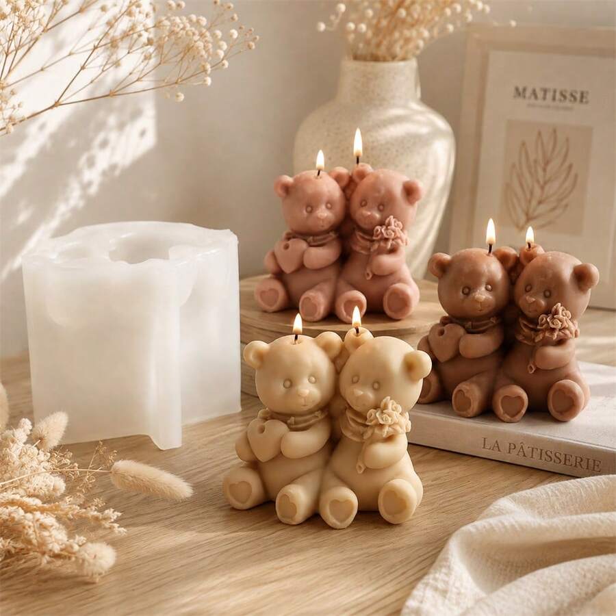2PCS Bear Candle Mold Cute Teddy Bear Couple Silicone Mold For DIY Scented Candle Plaster Soap Making Wedding Favor Valentine Gift Home Decoration
