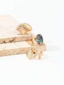 3PCS Ocean Style Shell & Starfish Rings, Vintage Abalone Shell Stackable Rings, Beach Vacation Vibe Metal Ring Set For Women (Random Abalone Shell Texture) - Gold - View 3