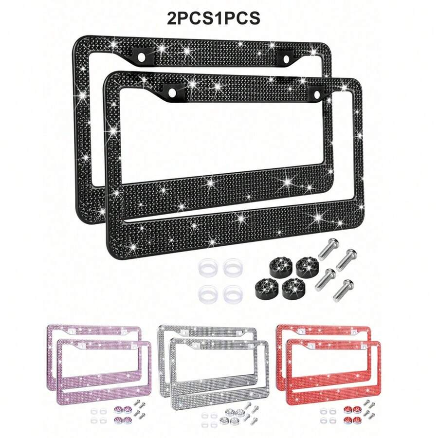 2pcs Rhinestone License Plate Frame, Durable Stainless Steel Unobstructed Border Design, Embedded Multi-Faceted Sparkling Rhinestones, Comes With Matching Crystal Screw Caps, Unisex Shiny Car Decoration Accessories - 2-piece Set - View 1