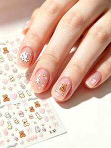 1 Set Soft Pink Heart Bear Decorative Stickers, Bear, Floppy Ear Rabbit, Bow & Dessert Heart Patterns, Suitable For Digital Shell Storage Box Decoration, Create A Soft And Sweet Girly Atmosphere - Pink Heart Teddy Bear - View 6