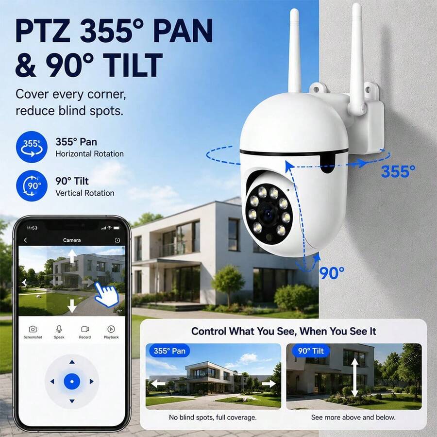 1pc Outdoor Wireless Security Camera, 360° Omnidirectional Monitoring, AI Human Detection, Color Night Vision, 355° Horizontal Rotation & 90° Vertical Tilt - White - View 1