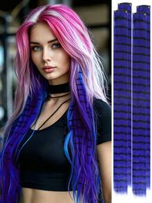 4pcs Leopard Print & Striped Hair Extensions, 20 Inch Colorful Long Straight Clip-In Hair, Suitable For Women's Daily Wear, Party, Halloween And Other Holidays - Multicolor - View 15