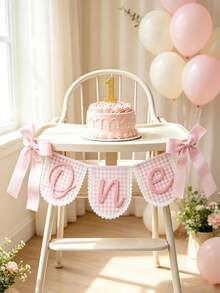 1pc Pink Plaid ONE Banner With Lace Trim And Bow, Baby 1st Birthday Party Wall Decoration Photo Prop - Multicolor - View 6