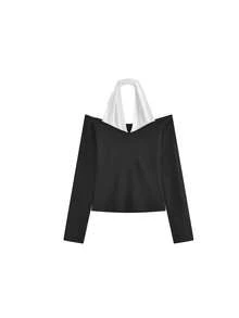 Autumn/Winter French Style Black Halter Neck 2-In-1 Long Sleeve T-Shirt Women's High-End Fashion Innerwear Halter Top - Black - View 7
