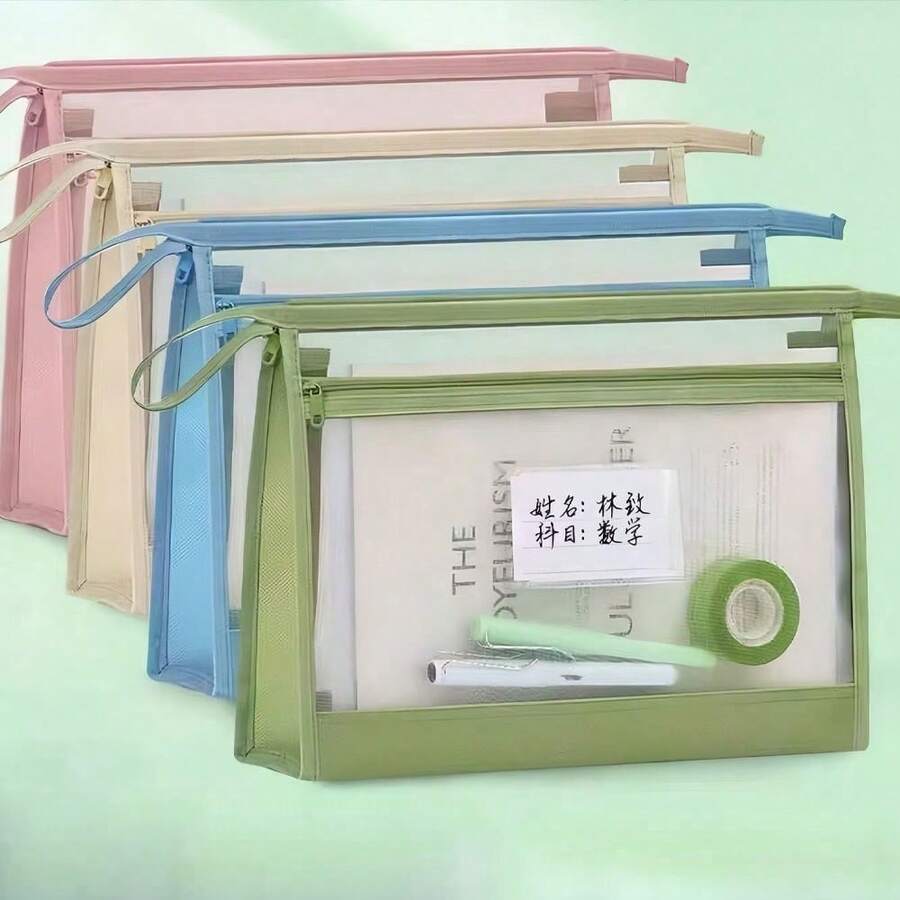 1pc Double Layer Zipper Transparent PVC Mesh File Bag, Portable Hand‑Carry Waterproof Subject Classification Storage Pouch For Student School Supplies - Color Style Randomized - View 1